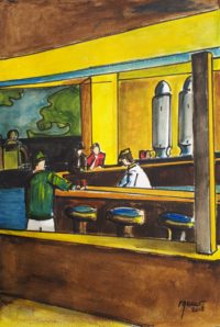 Le bar de la station / Aquarelle et encre / 50 x 70 