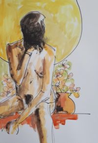 La pose réfléchie / Aquarelle et encre / 50 x 70 