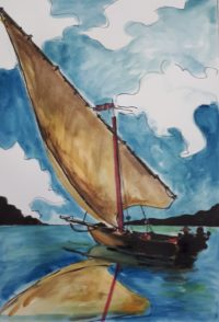 Voile sur le lac / Aquarelle et encre / 50 x 70 