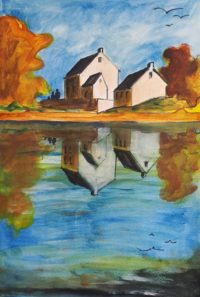 Reflets du hameau / Acrylique et encre / 50 x 70 