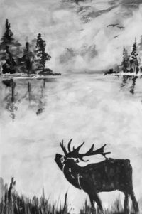 Cerf à l'étang / Encre / 50 x 70 