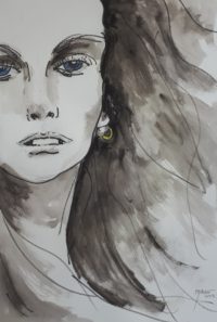 Portrait, cheveux au vent / Encre / 50 x 70 