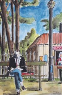 Lecture sur le banc / Aquarelle et encre / 50 x 70 