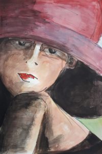 Portrait au chapeau rose / Aquarelle et encre / 50 x 70 