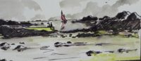 Marine au voilier rouge / Encre et aquarelle / 50 x 30