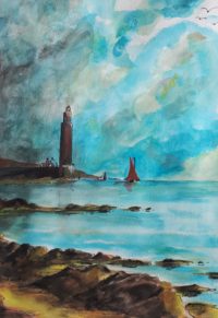 Marine au phare / Aquarelle et encre / 50 x 70 