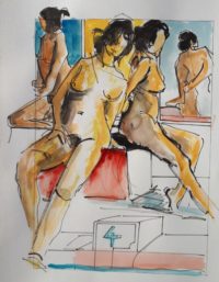 Nus à la piscine / Aquarelle et encre / 50 x 70 