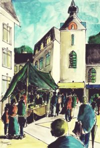 Place du marché / Aquarelle et encre / 50 x 70 