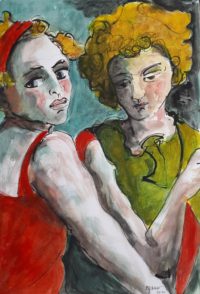 Rencontre entre copines / Aquarelle et engre / 50 x 70 