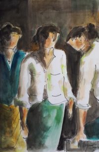 Les trois copines / Aquarelle et encre / 50 x 70 