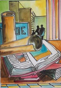 Livres en vrac / Aquarelle et encre / 30 x 50 