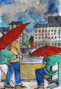 Les parapluies rouges / Aquarelle et encre / 30 x 50 