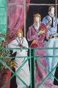 Famille au balcon / Aquarelle et encre / 50 x 70 