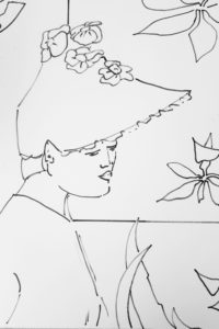 Le chapeau fleuri ( étape 01)/ Encre et aquarelle / 50 x 70