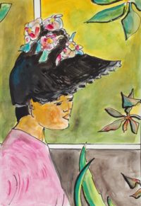 Le chapeau fleuri ( étape03 )/ Encre et aquarelle / 50 x 70