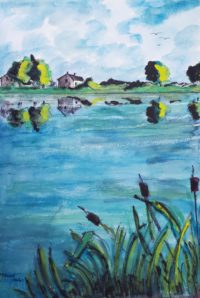 Temps calme sur l'étang / Aquarelle et encre / 50 x 70 