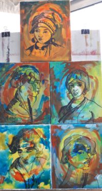 5 visages harmonies sur toile / Aquarelle et encre / 25 x 30