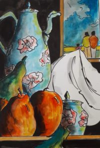 Nature morte au drap blanc / Aquarelle et encre / 50 x 70 