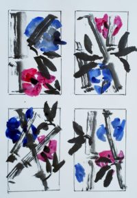 Bambous , coquelicots et bleuets 01 / Encre et aquarelle / 50 x 70 