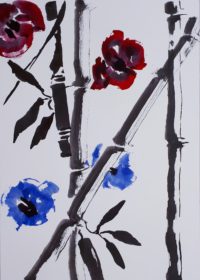 Bambous , coquelicots et bleuets 03 / Encre et aquarelle / 50 x 70 