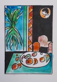 Nature morte sur nappe bleue / Encre et aquarelle / 30 x 50 