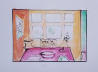 Salon,  la table de jeu 02 / Aquarelle et encre  / 50 x 30