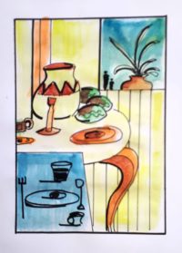 Les tables garnies / Aquarelle et encre / 30 x 50 