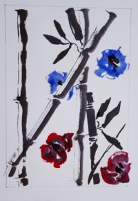 Bambous, coquelicots et bleuets / Encre et aquarelle / 50 x 70