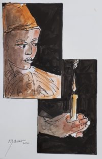 A la lueur de la bougie / Encre et aquarelle / 30  x 50 