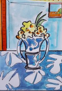Vase et nappe bleus / Aquarelle et encre / 30 x 50 