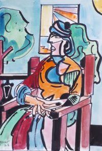 Femme au fauteuil à la "Picasso" /Aquarelle et encre / 30 x 50 
