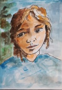 Portrait jeune fille / Aquarelle et encre / 30 x 50 
