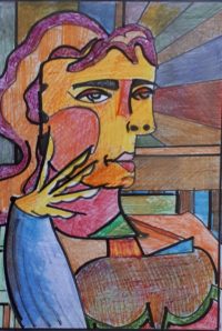 Femme à la "Picasso" 02 / Mines de couleurs  et encre / 30 x 50 