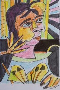 Femme à la "Picasso" 03 / Mines de couleurs  et encre / 30 x 50 