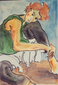 Jeune femme assise / Encre et aquarelle / 30 x 50