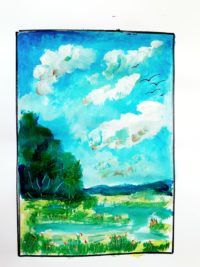 L'étang aux oiseaux / Acrylique et encre / 30 x 50 