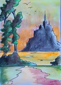 Le "mont Saint Michel" / Aquarelle et encre / 30 x 50 