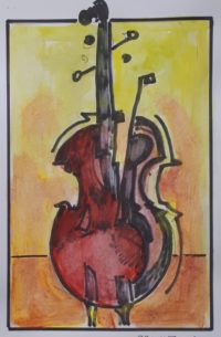 Violoncelle en folie 02 / Aquarelle et encre / 30 x 50 