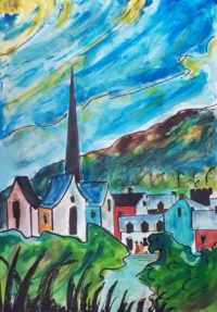 Le clocher du bourg / Acrylique et encre / 50 x 70 