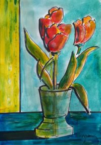 Nature morte aux tulipes / Acrylique et encre / 30 x 50 
