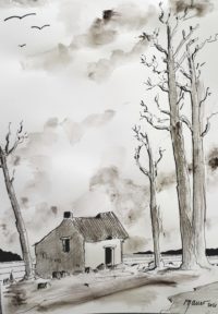 Maison en ruine / Mines de plomb et encre / 30 x 50 