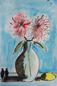 Vase aux pivoines à la Hockney / Aquarelle et encre / 30 x 50