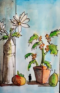 Marguerites et houx à la Hockney / Aquarelle et encre / 30 x 50