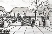 La terrasse (façon Hockney) phase initiale / Encre / 50 x 30 