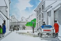 La rue (façon Hockney) phase finale / Encre et aquarelle  / 50 x 30 