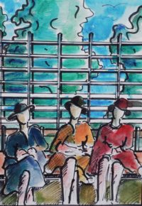 Sur le banc 01 / Aquarelle et encre / 30 x 50 