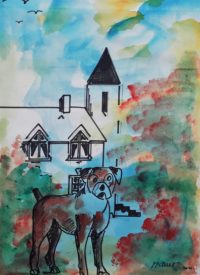 Le gardien du chateau / Aquarelle et encre / 30 x 50 