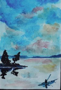 Sur le lac / Aquarelle et encre / 30 x 50 