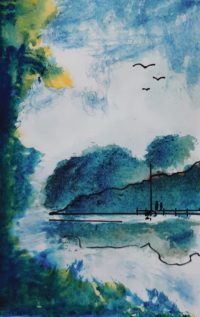 Le fleuve au crépuscule / Aquarelle et encre / 30 x 50 