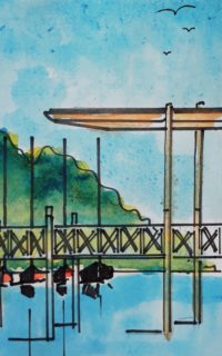 Le pont levis / Aquarelle et encre / 30 x 50 